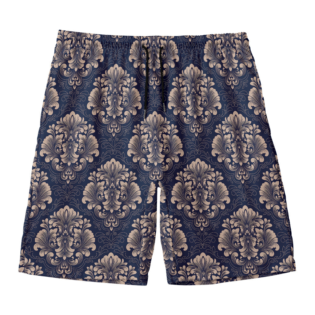 Blue And Brown Damask Pattern Print Men's Swim Trunks