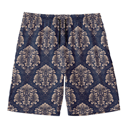 Blue And Brown Damask Pattern Print Men's Swim Trunks