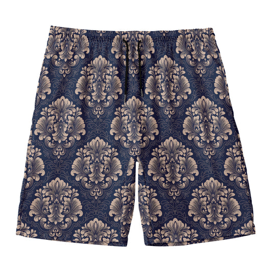 Blue And Brown Damask Pattern Print Men's Swim Trunks