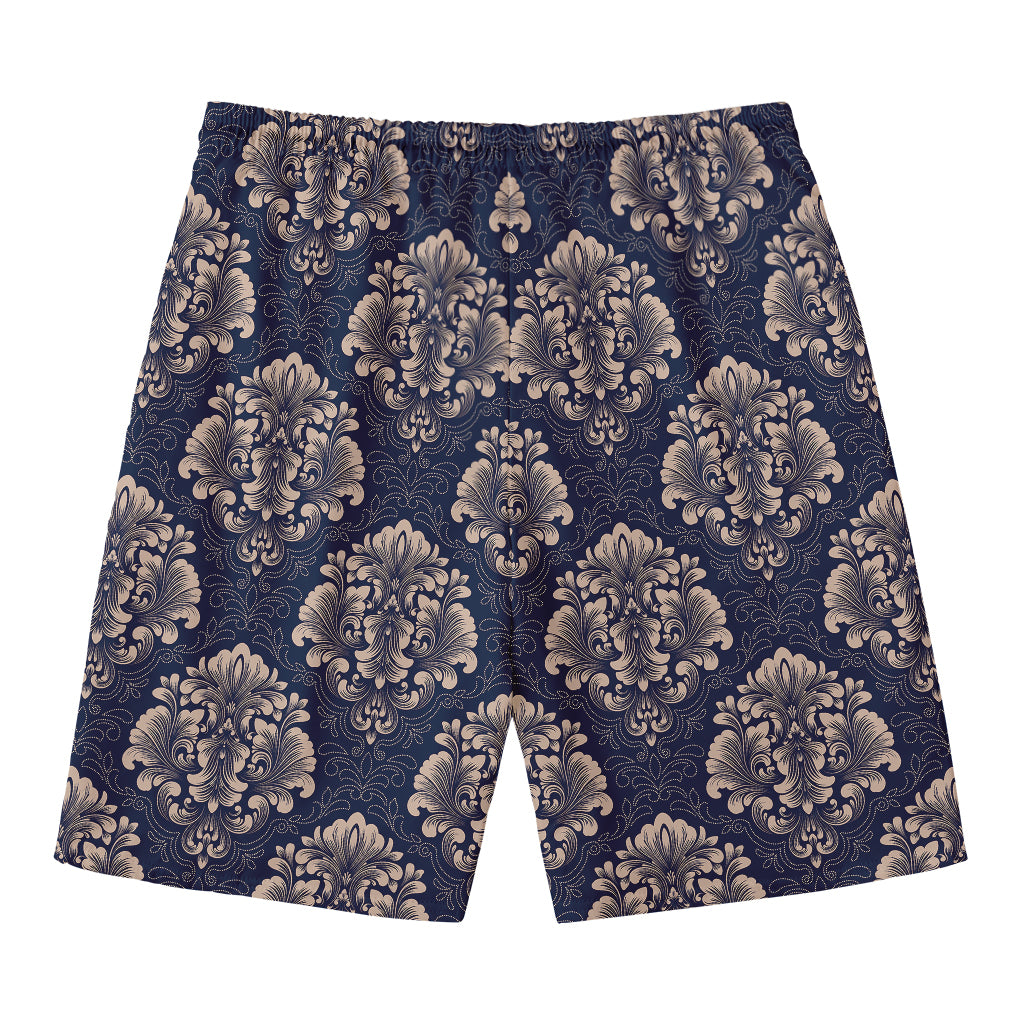 Blue And Brown Damask Pattern Print Men's Swim Trunks