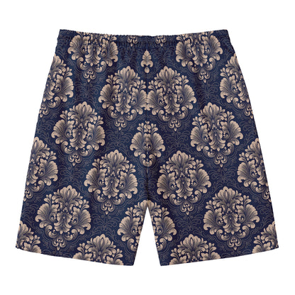 Blue And Brown Damask Pattern Print Men's Swim Trunks