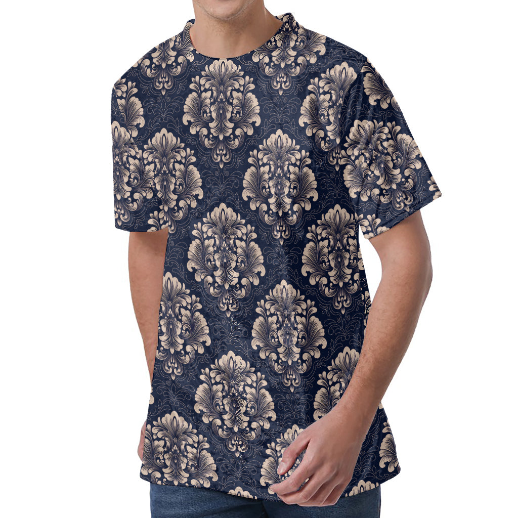 Blue And Brown Damask Pattern Print Men's Velvet T-Shirt