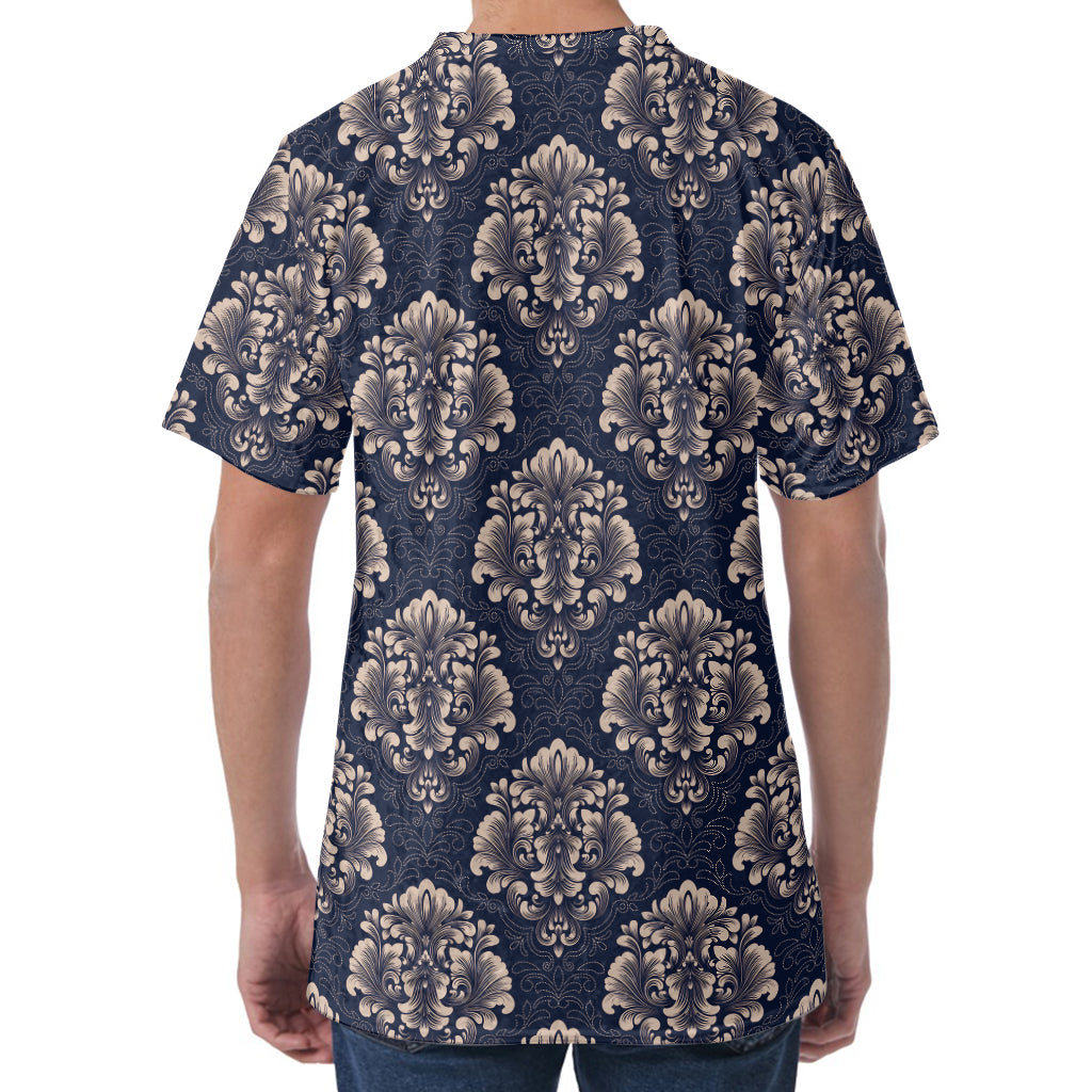 Blue And Brown Damask Pattern Print Men's Velvet T-Shirt