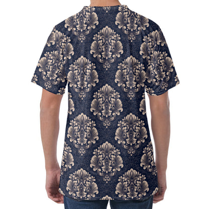 Blue And Brown Damask Pattern Print Men's Velvet T-Shirt