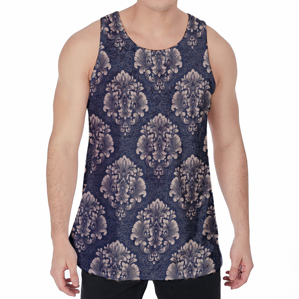 Blue And Brown Damask Pattern Print Men's Velvet Tank Top