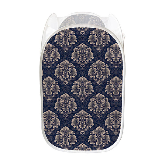 Blue And Brown Damask Pattern Print Mesh Laundry Hamper