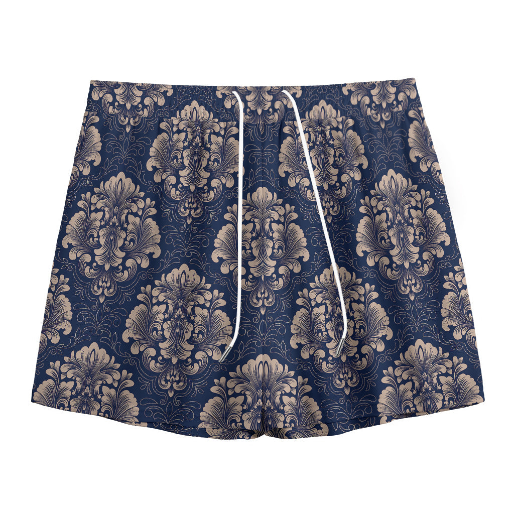 Blue And Brown Damask Pattern Print Mesh Shorts
