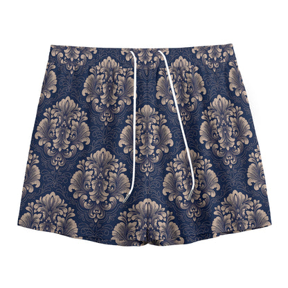 Blue And Brown Damask Pattern Print Mesh Shorts