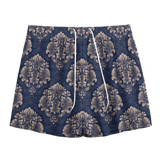 Blue And Brown Damask Pattern Print Mesh Shorts