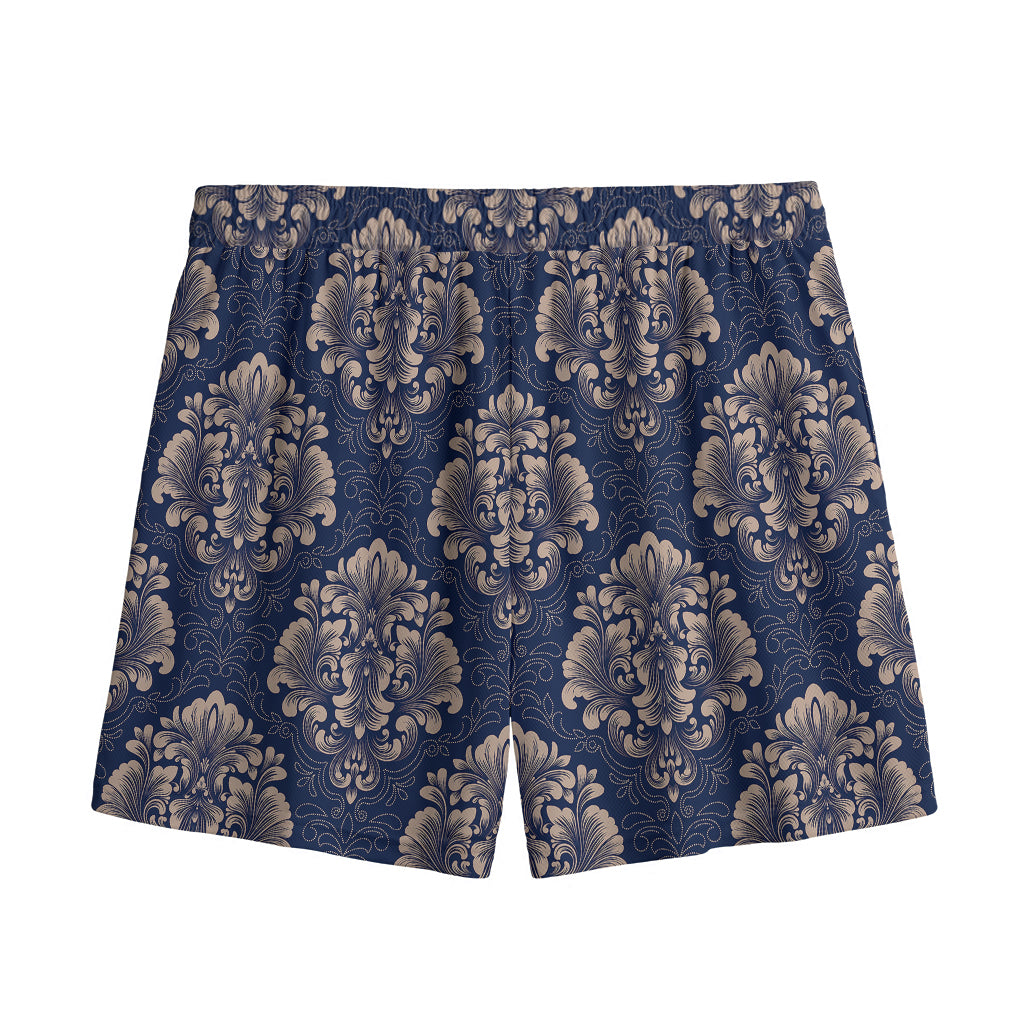 Blue And Brown Damask Pattern Print Mesh Shorts