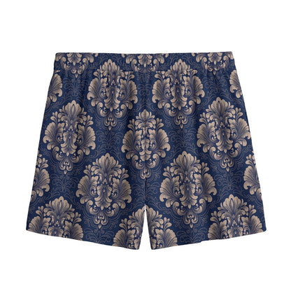 Blue And Brown Damask Pattern Print Mesh Shorts