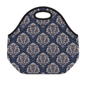 Blue And Brown Damask Pattern Print Neoprene Lunch Bag
