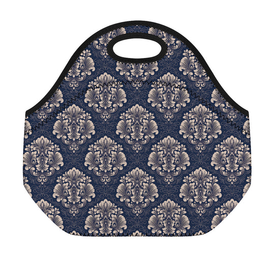 Blue And Brown Damask Pattern Print Neoprene Lunch Bag