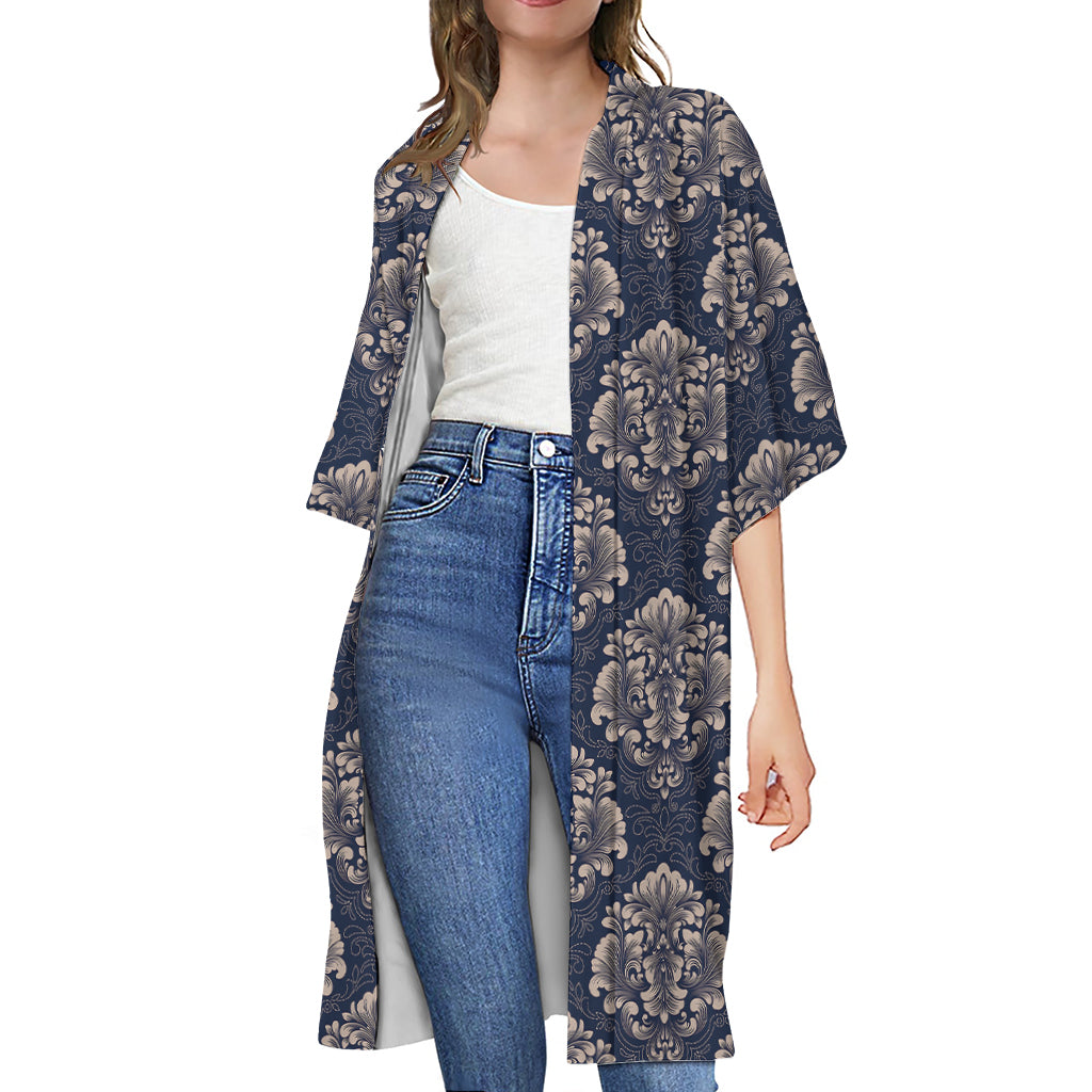 Blue And Brown Damask Pattern Print Open Front Beach Cover Up