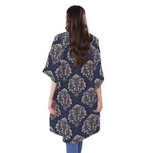 Blue And Brown Damask Pattern Print Open Front Beach Cover Up