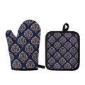 Blue And Brown Damask Pattern Print Oven Mitt And Pot Holder Set