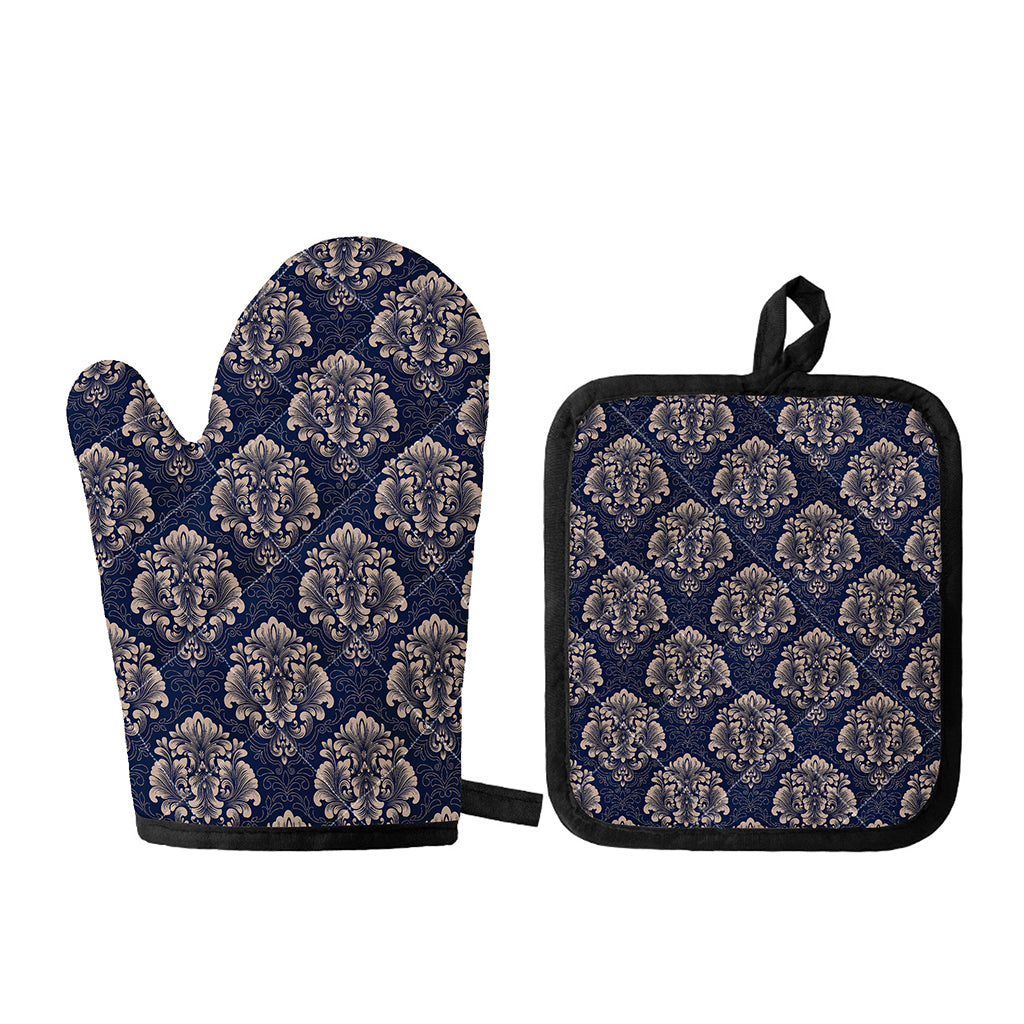 Blue And Brown Damask Pattern Print Oven Mitt And Pot Holder Set