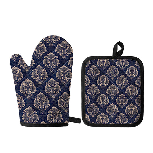 Blue And Brown Damask Pattern Print Oven Mitt And Pot Holder Set
