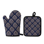 Blue And Brown Damask Pattern Print Oven Mitt And Pot Holder Set
