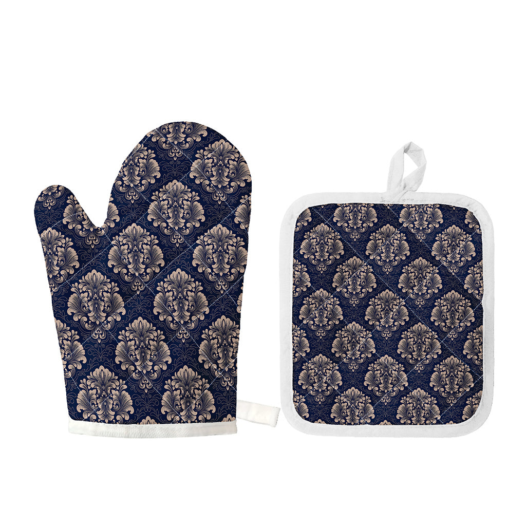 Blue And Brown Damask Pattern Print Oven Mitt And Pot Holder Set