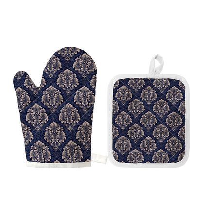 Blue And Brown Damask Pattern Print Oven Mitt And Pot Holder Set