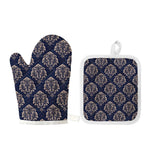 Blue And Brown Damask Pattern Print Oven Mitt And Pot Holder Set