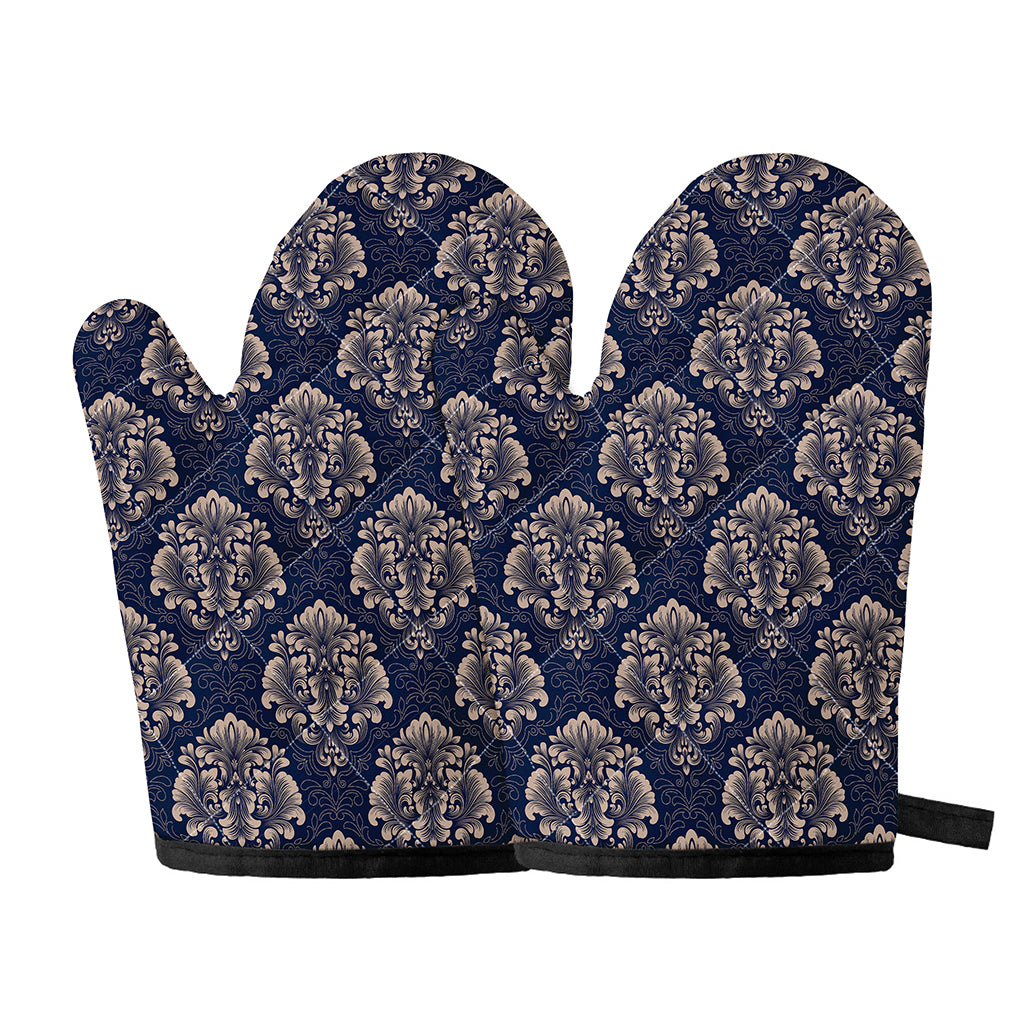 Blue And Brown Damask Pattern Print Oven Mitts