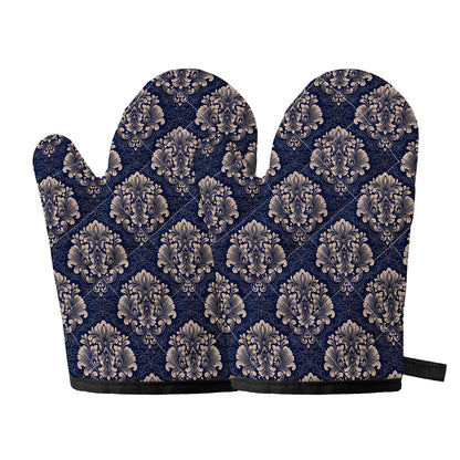 Blue And Brown Damask Pattern Print Oven Mitts