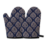 Blue And Brown Damask Pattern Print Oven Mitts