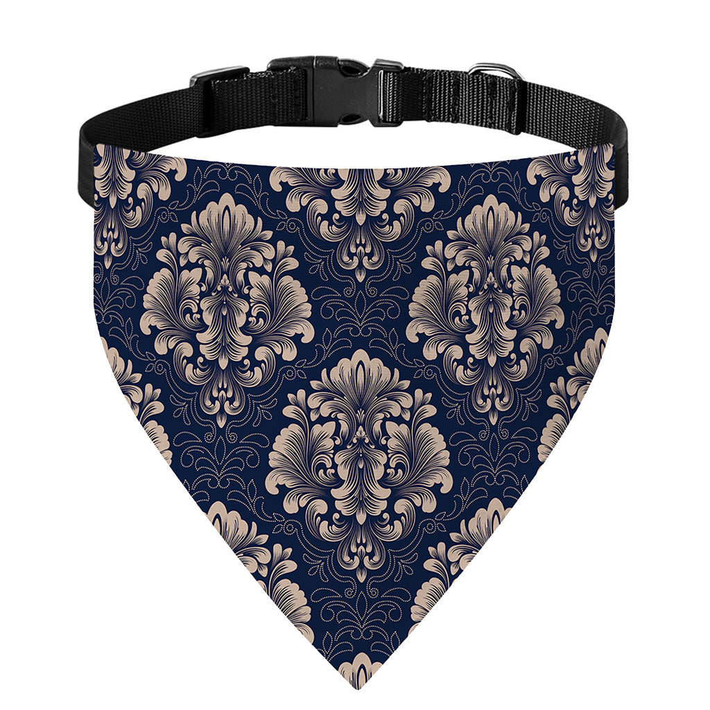 Blue And Brown Damask Pattern Print Over The Collar Dog Bandana