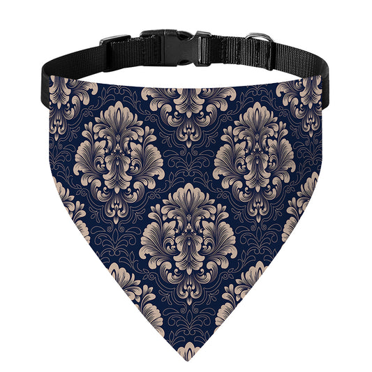 Blue And Brown Damask Pattern Print Over The Collar Dog Bandana