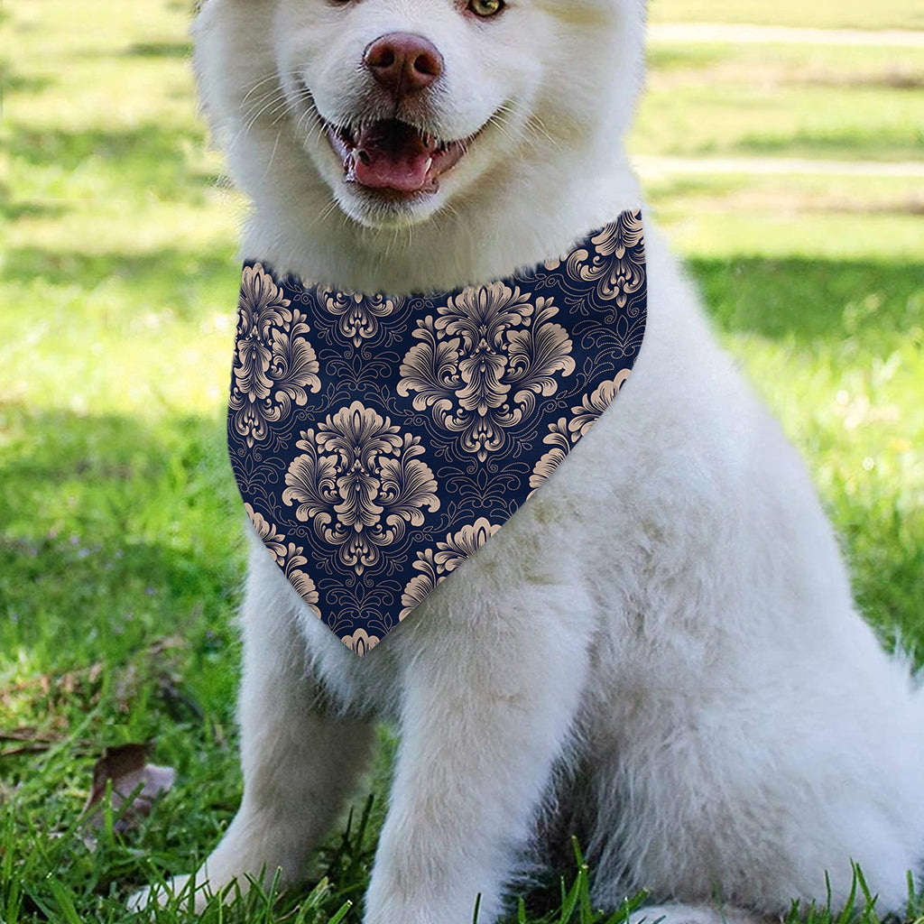 Blue And Brown Damask Pattern Print Over The Collar Dog Bandana