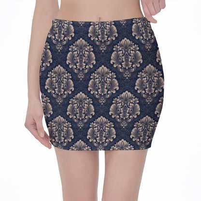 Blue And Brown Damask Pattern Print Pencil Mini Skirt