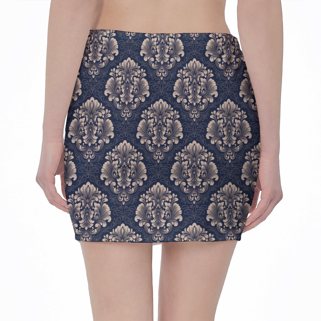 Blue And Brown Damask Pattern Print Pencil Mini Skirt