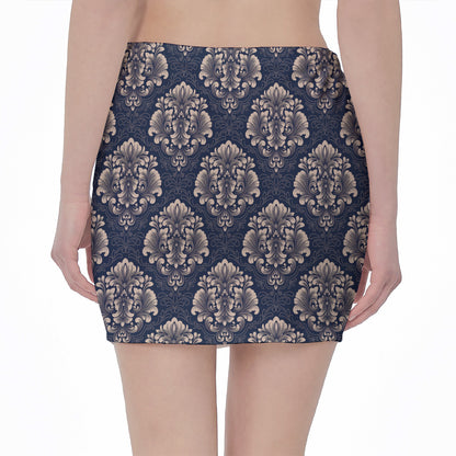 Blue And Brown Damask Pattern Print Pencil Mini Skirt