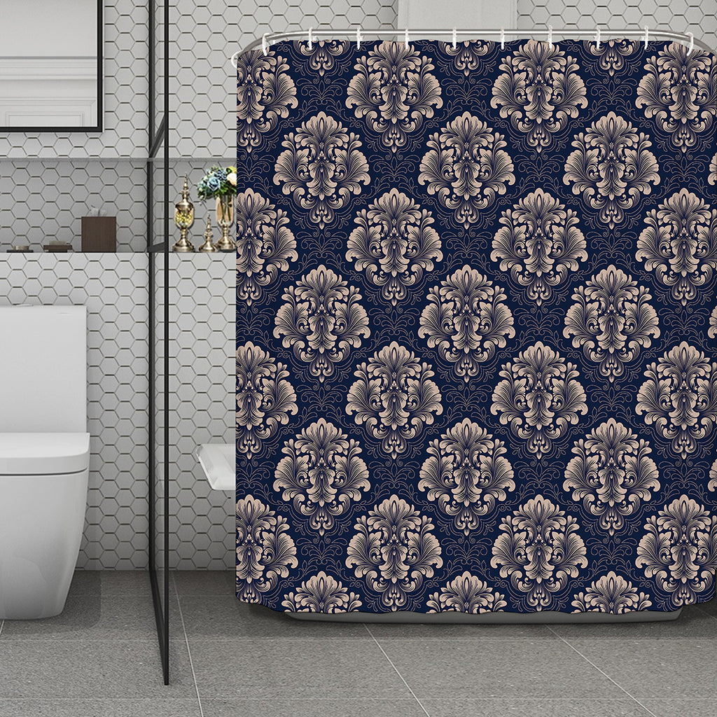 Blue And Brown Damask Pattern Print Polyester Shower Curtain