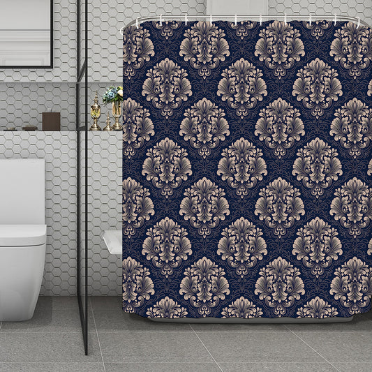 Blue And Brown Damask Pattern Print Polyester Shower Curtain