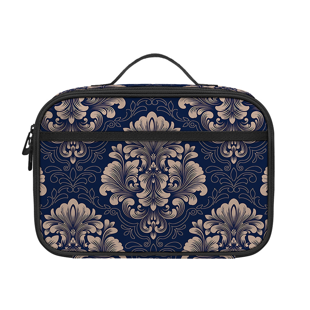 Blue And Brown Damask Pattern Print Portable Lunch Bag