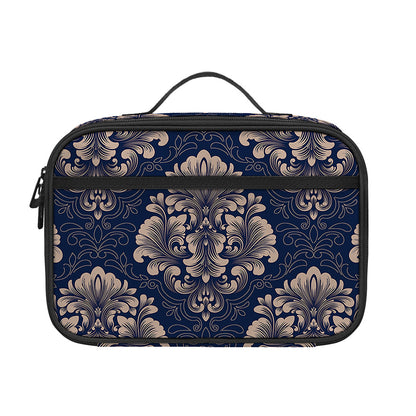 Blue And Brown Damask Pattern Print Portable Lunch Bag