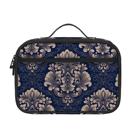 Blue And Brown Damask Pattern Print Portable Lunch Bag