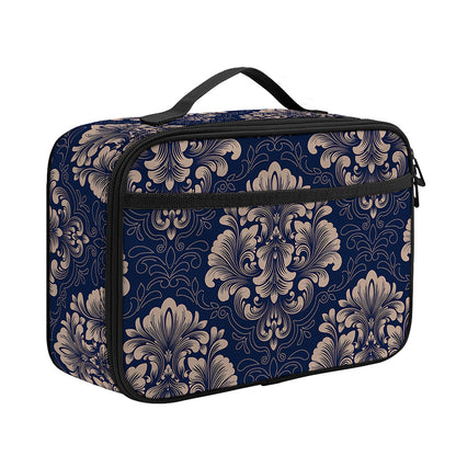 Blue And Brown Damask Pattern Print Portable Lunch Bag