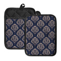 Blue And Brown Damask Pattern Print Pot Holders With Pocket