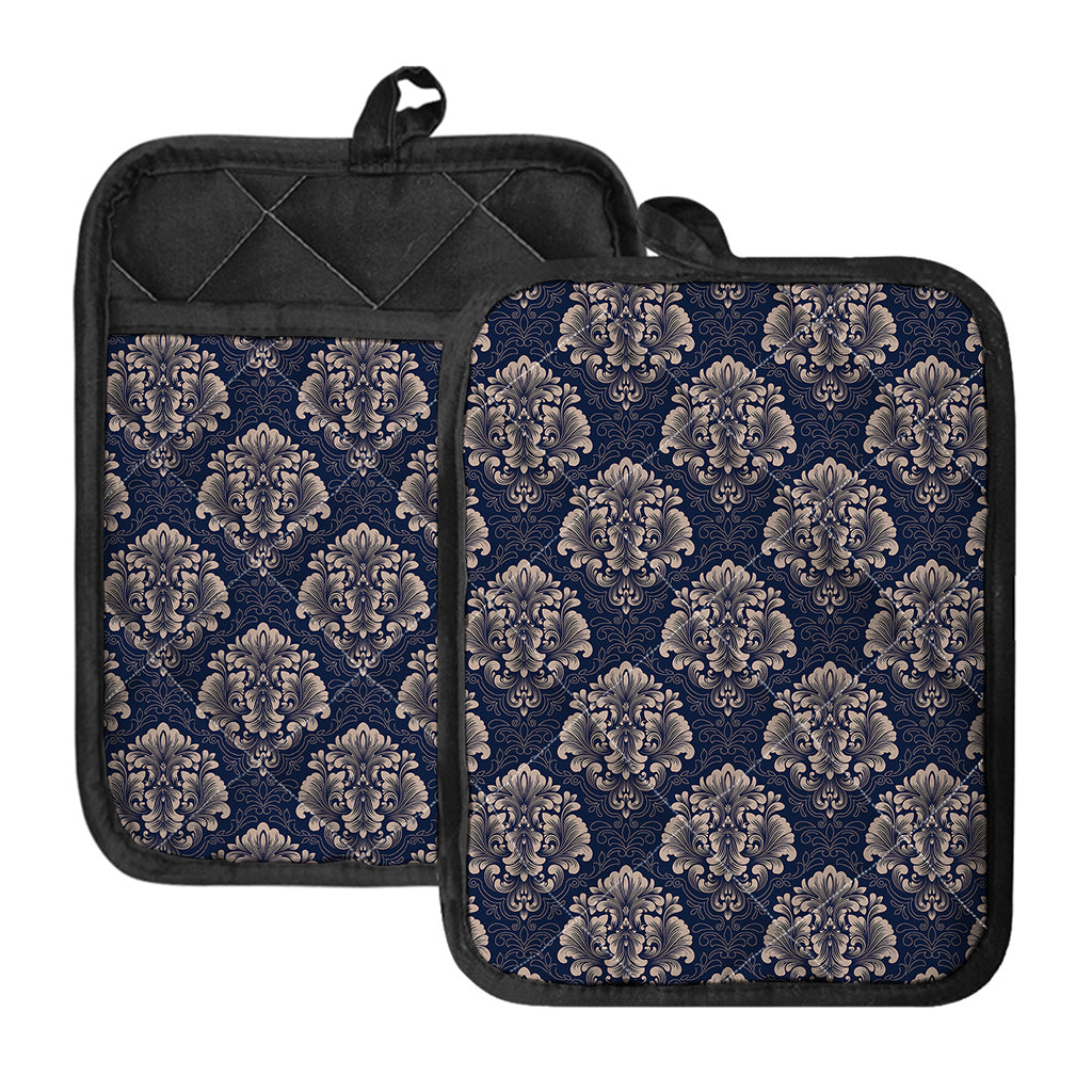 Blue And Brown Damask Pattern Print Pot Holders With Pocket