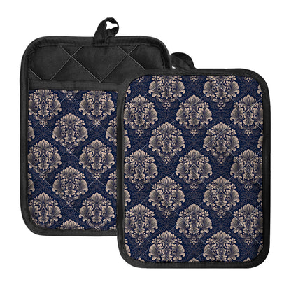 Blue And Brown Damask Pattern Print Pot Holders With Pocket