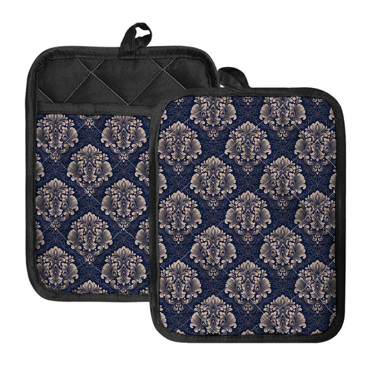 Blue And Brown Damask Pattern Print Pot Holders With Pocket