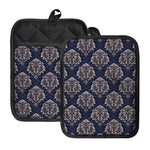 Blue And Brown Damask Pattern Print Pot Holders With Pocket