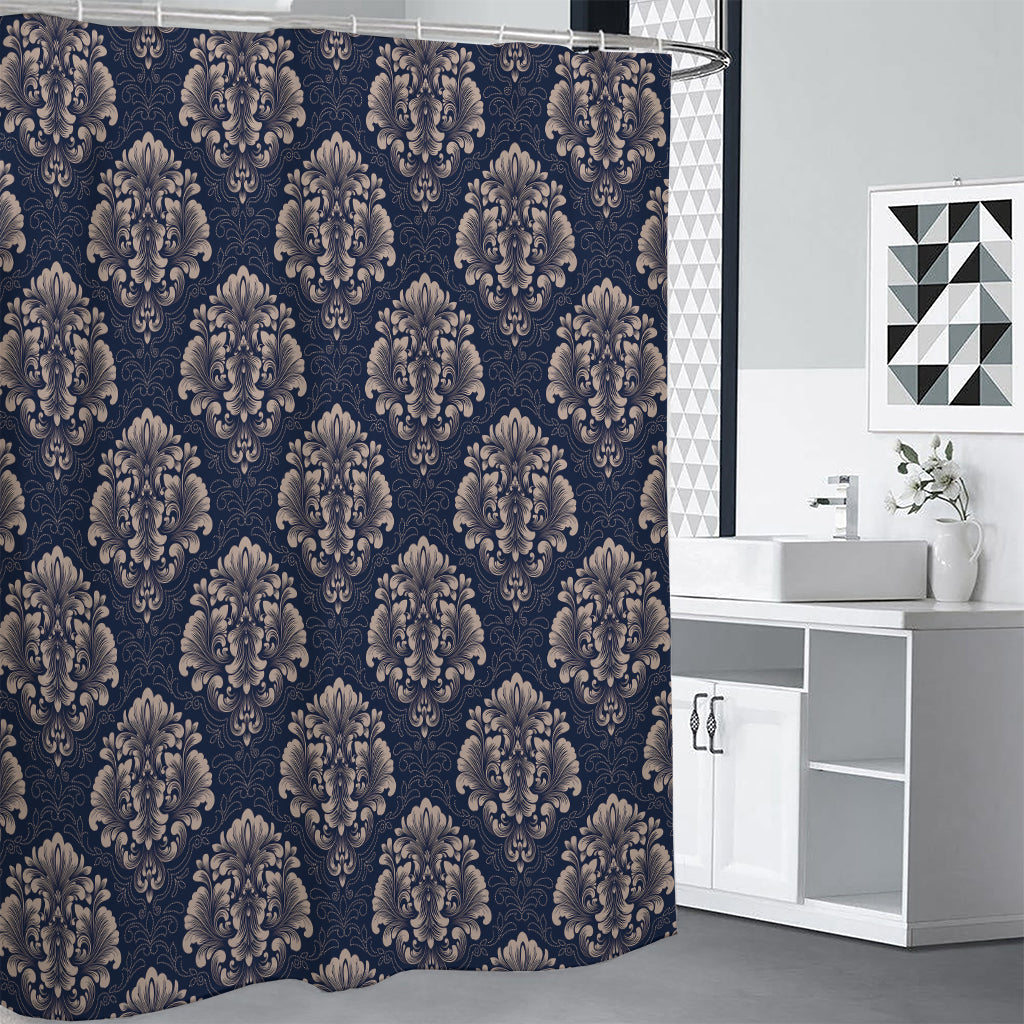 Blue And Brown Damask Pattern Print Premium Shower Curtain