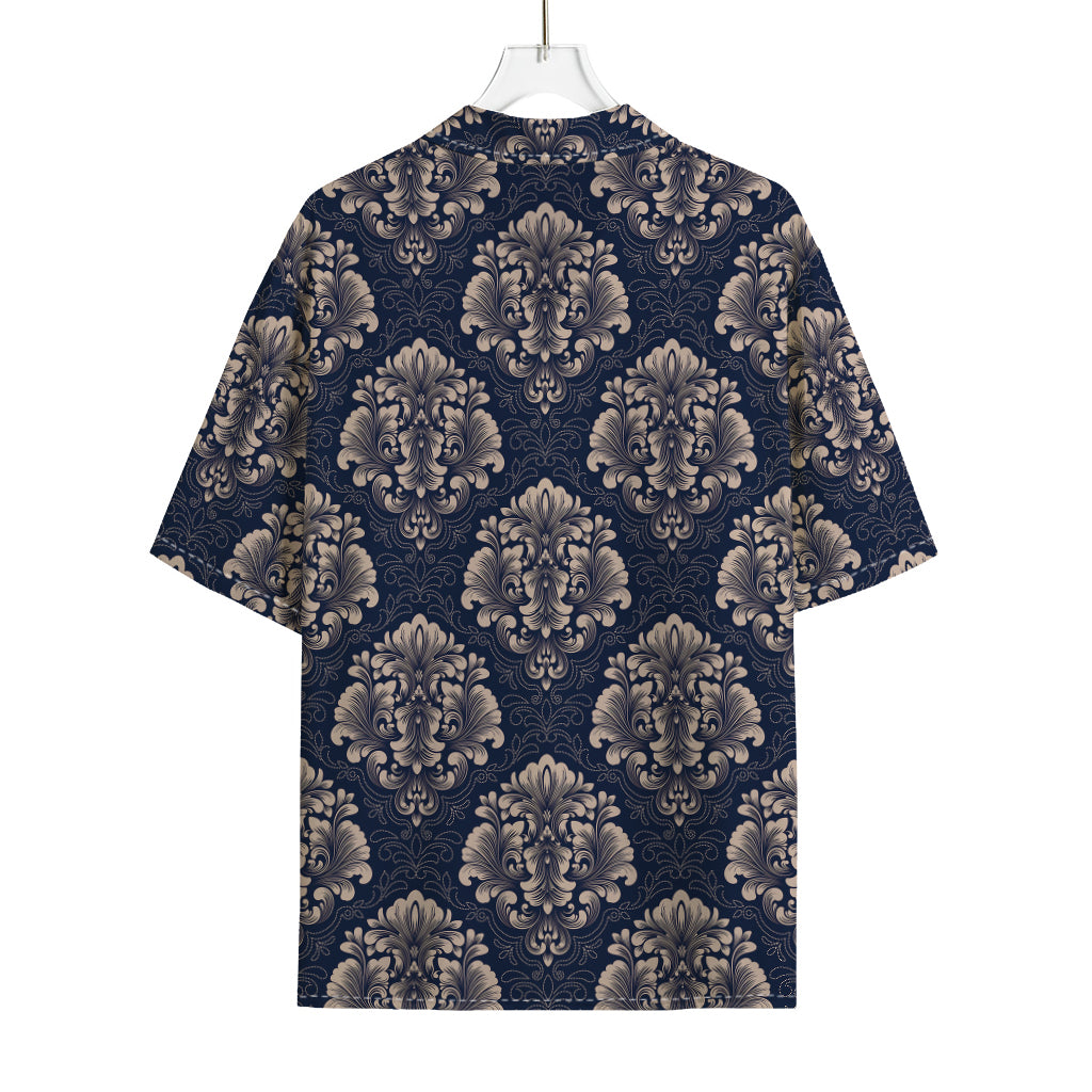 Blue And Brown Damask Pattern Print Rayon Hawaiian Shirt