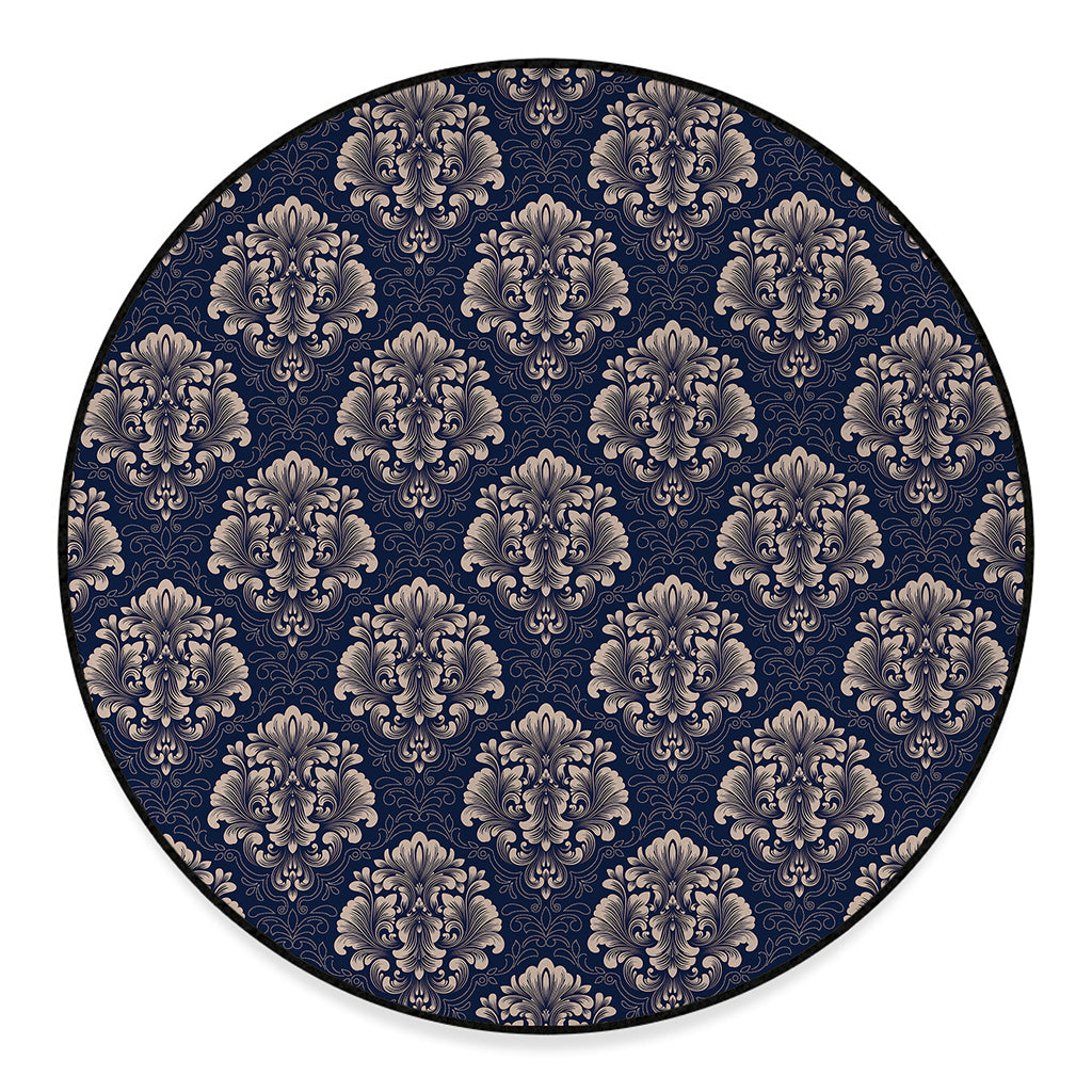 Blue And Brown Damask Pattern Print Round Floor Mat