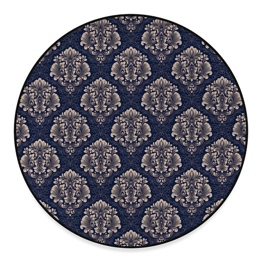 Blue And Brown Damask Pattern Print Round Floor Mat